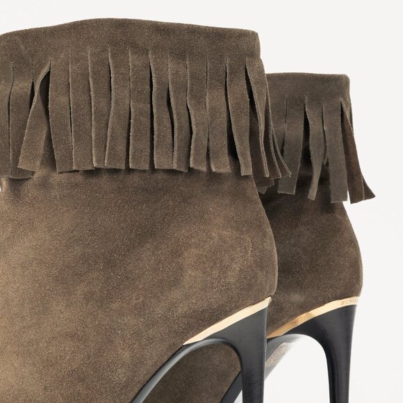 Burberry Pelling Khaki Suede Fringe Peep-Toe Booties - Picture 8 of 10